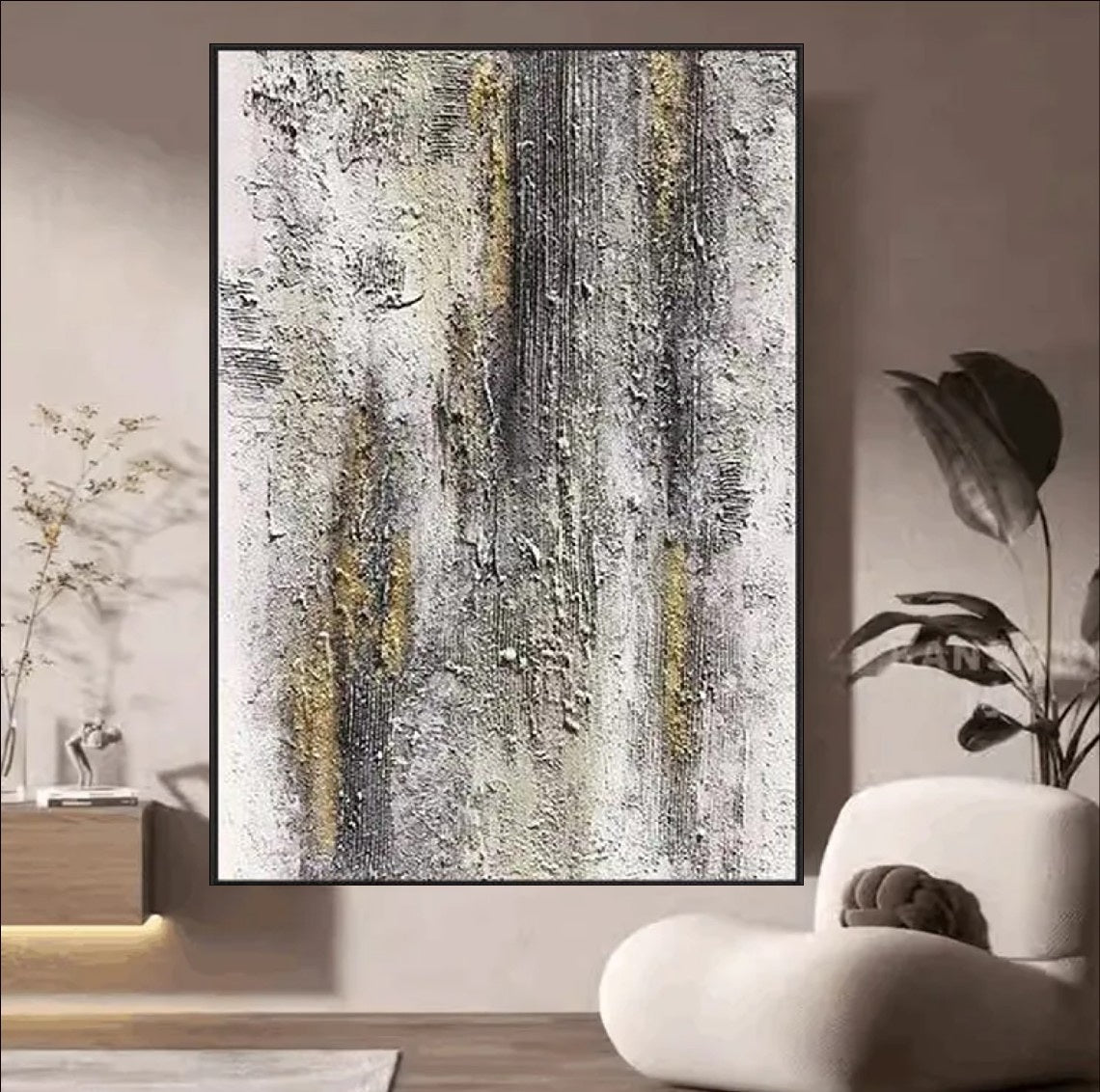 Textured abstract painting titled 'Aged Beauty' with rustic elegance, earthy tones, and golden accents, perfect for modern and industrial decor.