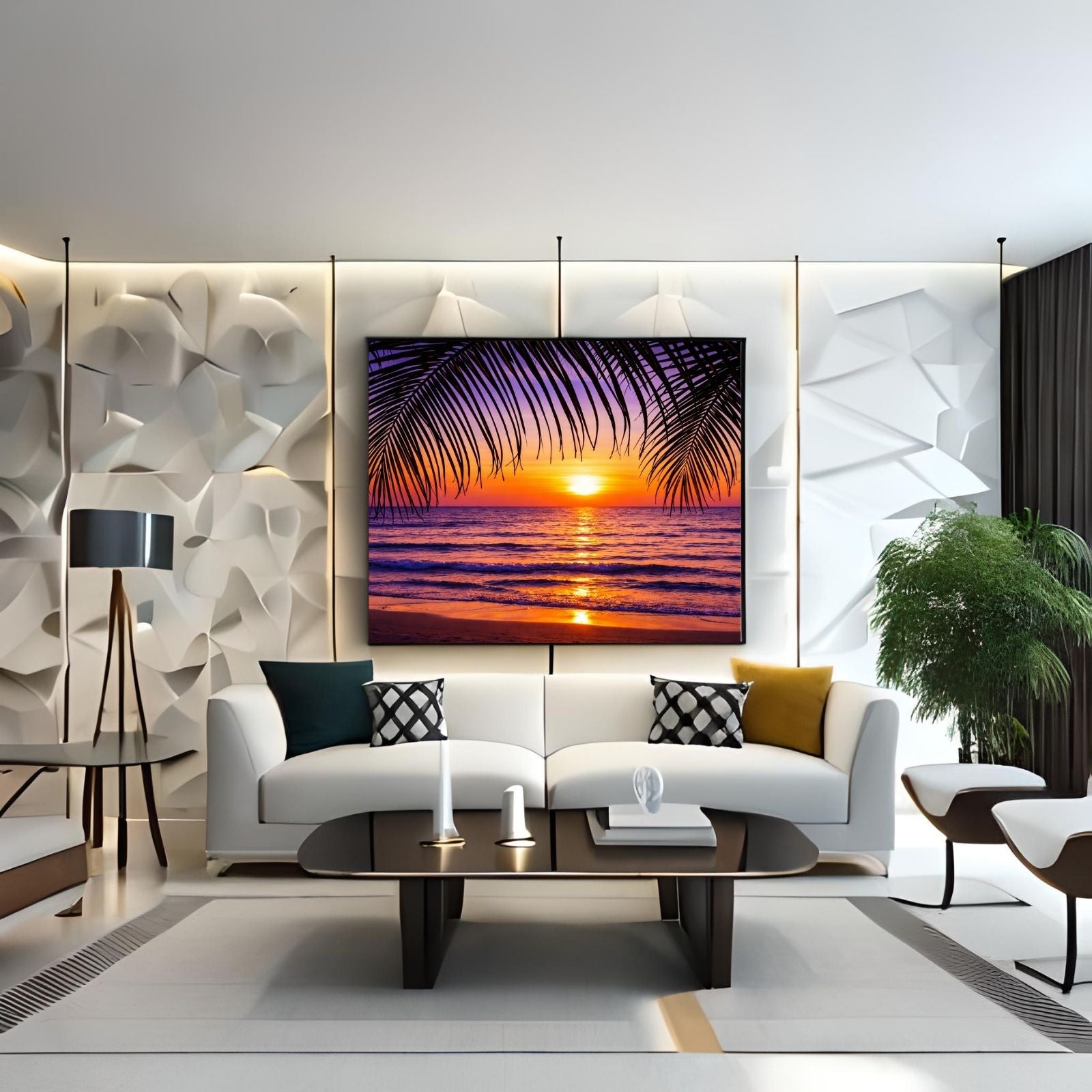 A vibrant nature landscape painting featuring dark palm tree silhouettes in the foreground against a glowing purple and orange sunset over the ocean.