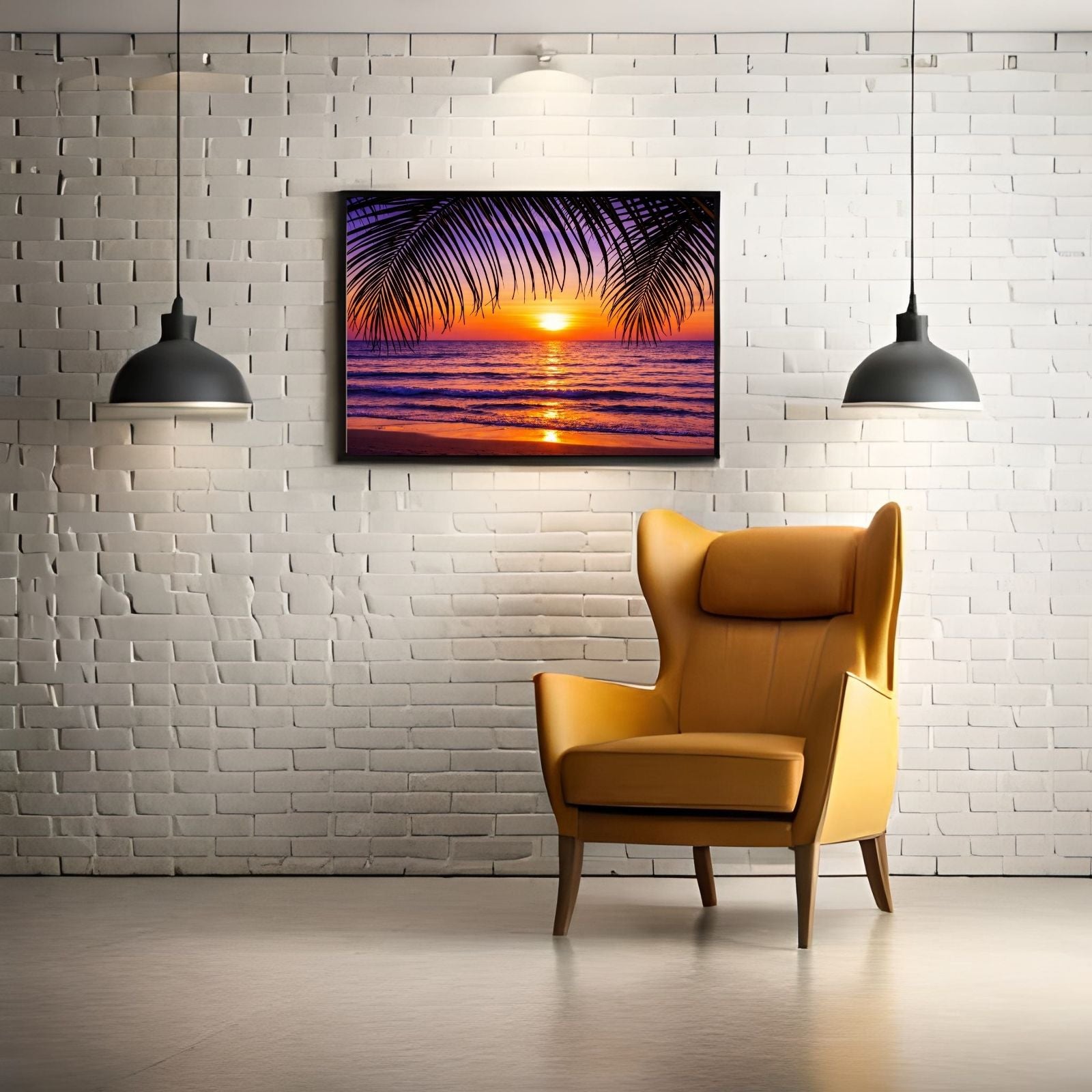 A vibrant nature landscape painting featuring dark palm tree silhouettes in the foreground against a glowing purple and orange sunset over the ocean.