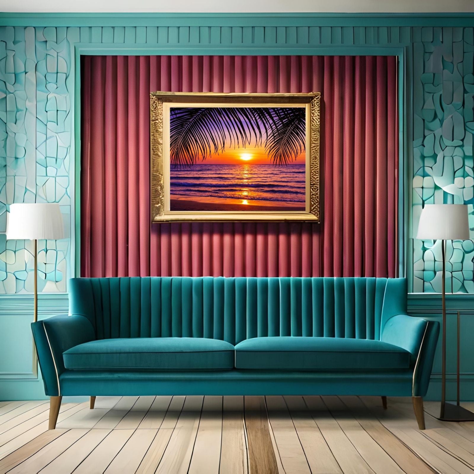 A vibrant nature landscape painting featuring dark palm tree silhouettes in the foreground against a glowing purple and orange sunset over the ocean.