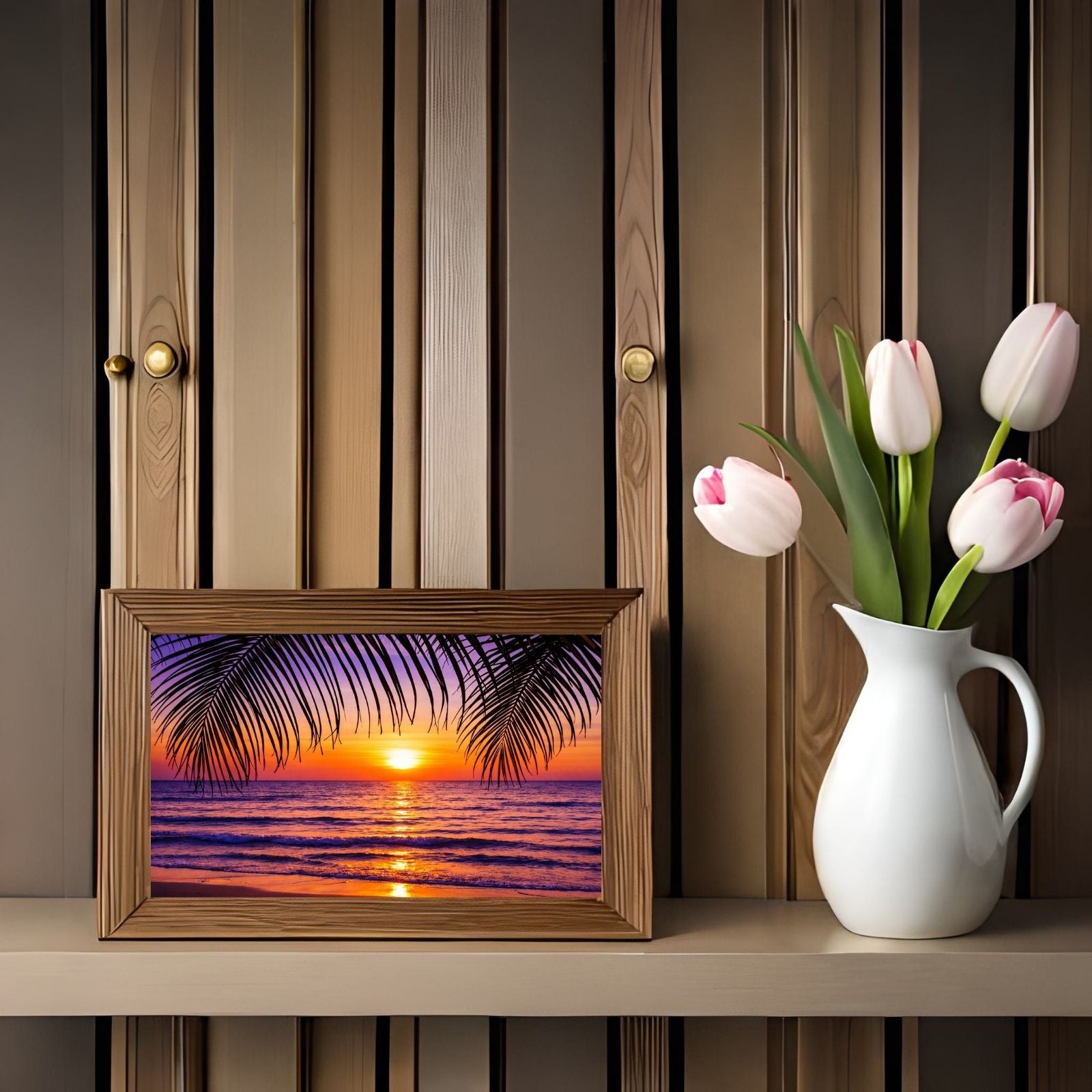 A vibrant nature landscape painting featuring dark palm tree silhouettes in the foreground against a glowing purple and orange sunset over the ocean.