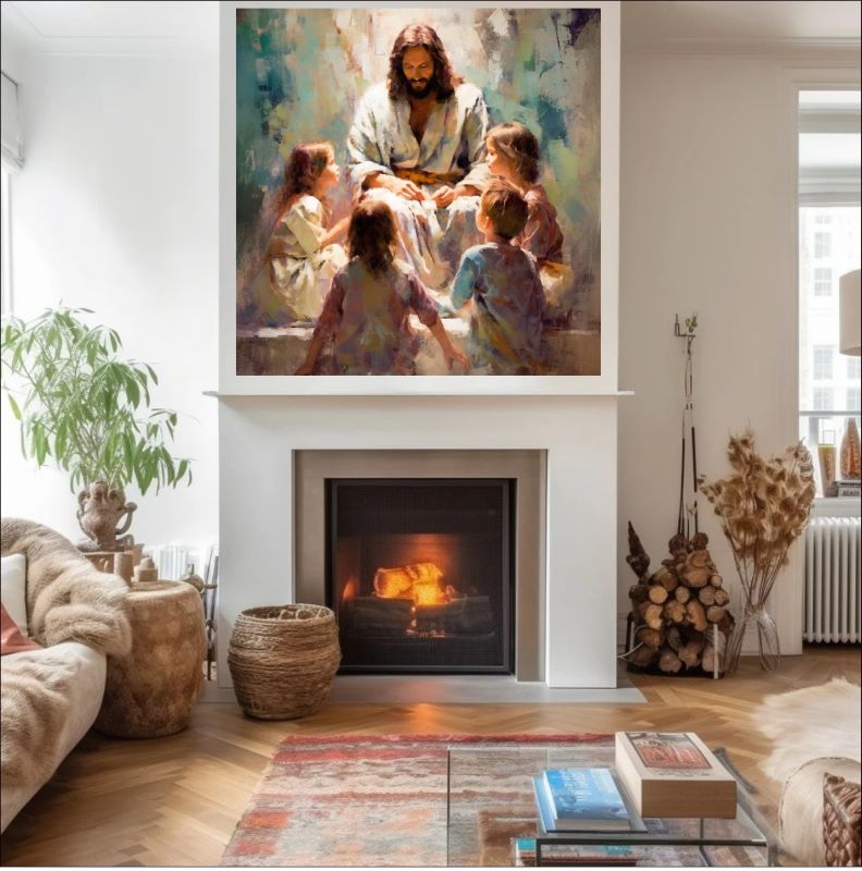 Classical oil painting depicting Jesus Christ sitting in a grassy field, smiling and embracing a group of young children, bathed in soft, warm light.