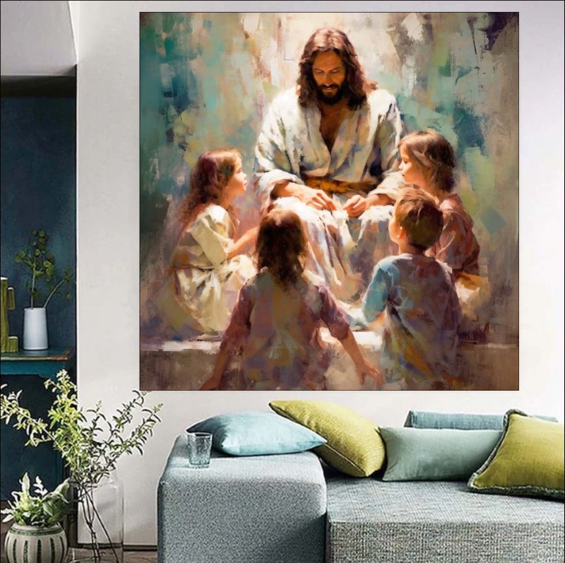Classical oil painting depicting Jesus Christ sitting in a grassy field, smiling and embracing a group of young children, bathed in soft, warm light.