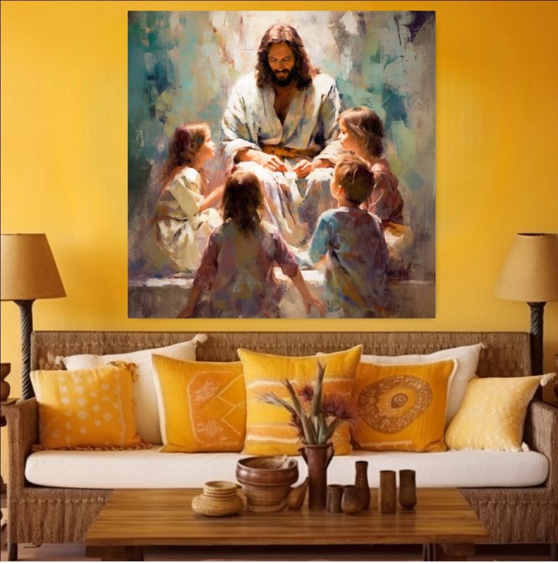 Classical oil painting depicting Jesus Christ sitting in a grassy field, smiling and embracing a group of young children, bathed in soft, warm light.
