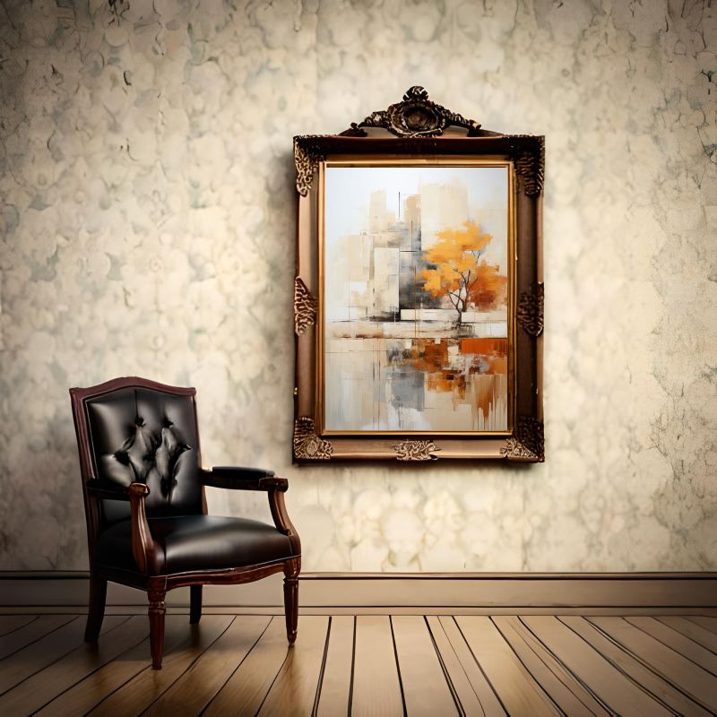 Architectural abstract painting with golden tree and city blocks, perfect for modern and minimalist wall art decor.