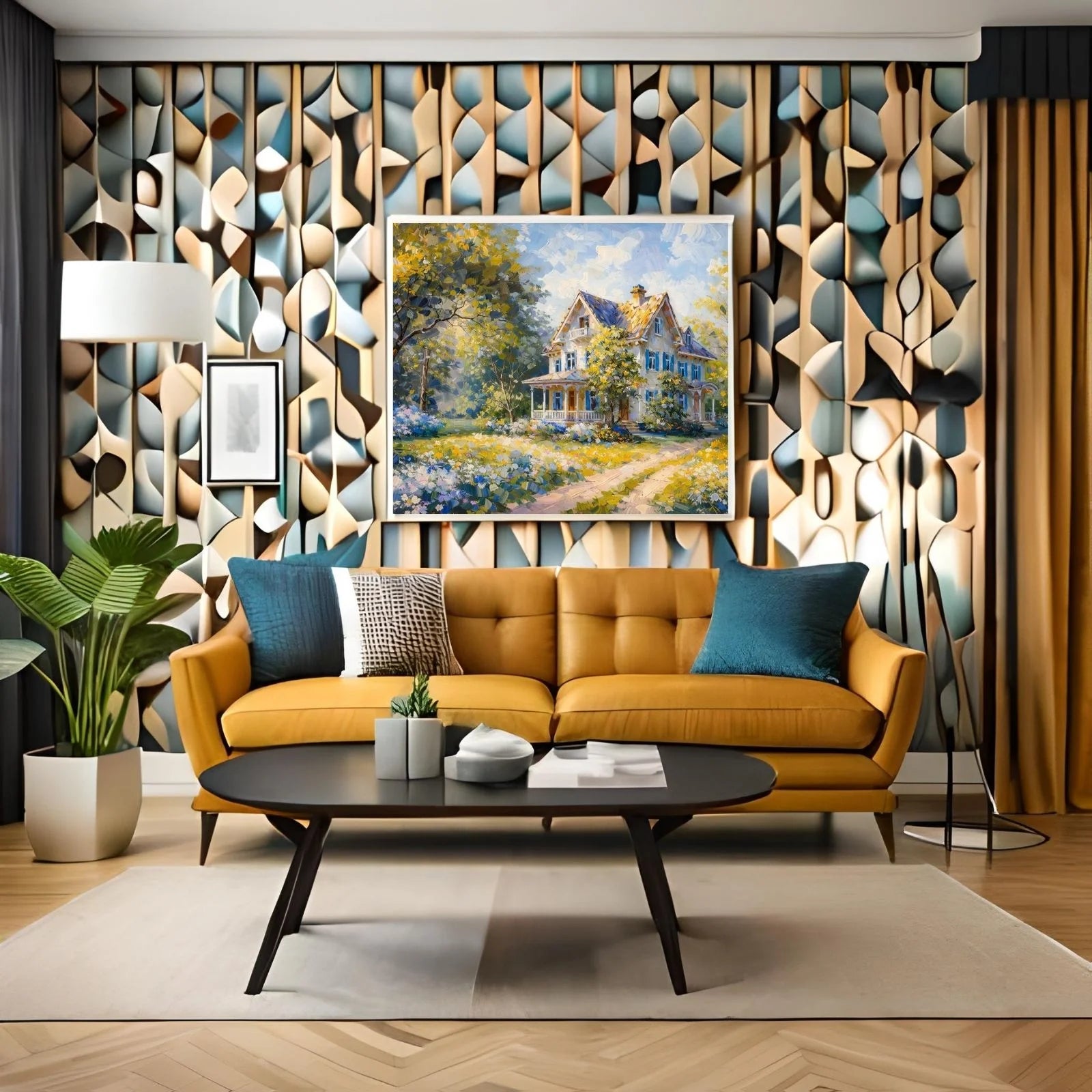 Bright impressionist oil painting of a large white house with blue shutters, set in a sunny garden with yellow flowers and autumn trees.