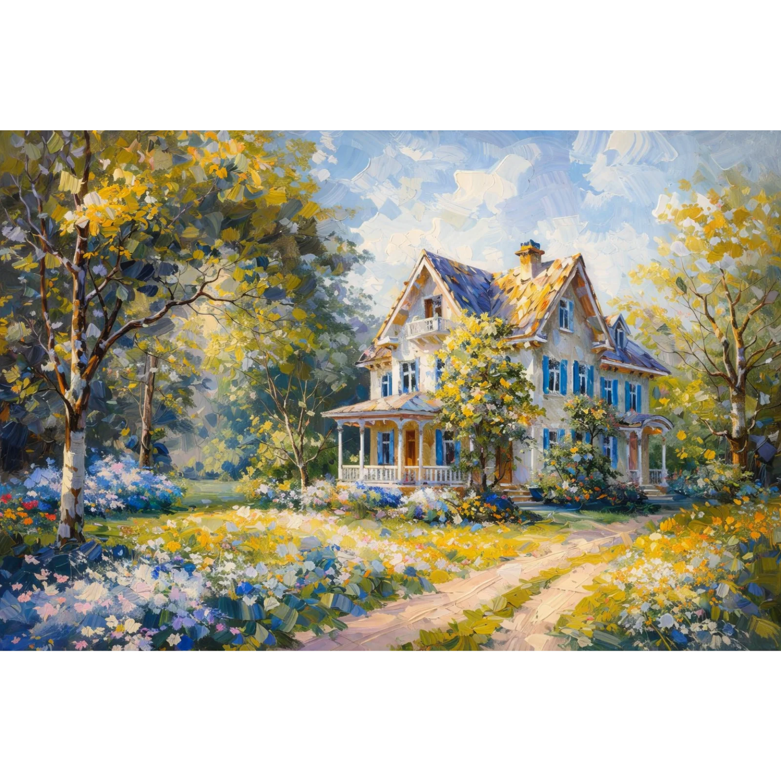Bright impressionist oil painting of a large white house with blue shutters, set in a sunny garden with yellow flowers and autumn trees.