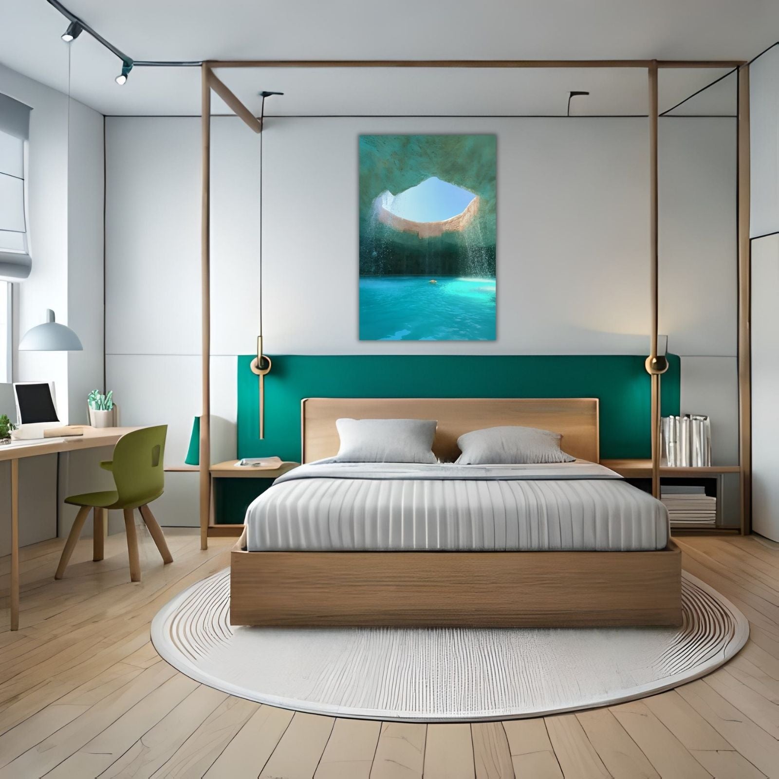 A surreal landscape painting of an underground cavern with a large circular opening in the ceiling, featuring cascading waterfalls and a bright turquoise pool.