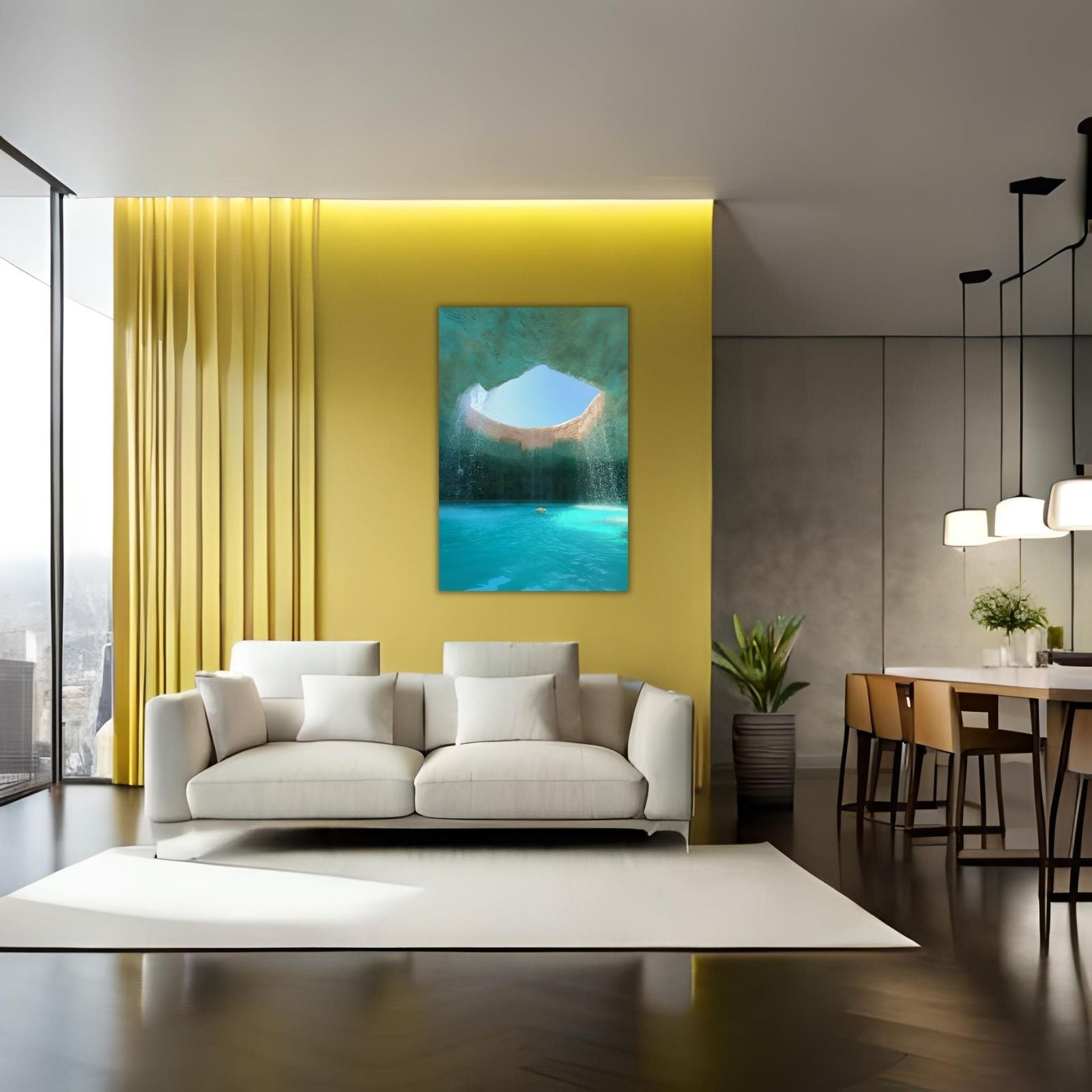 A surreal landscape painting of an underground cavern with a large circular opening in the ceiling, featuring cascading waterfalls and a bright turquoise pool.