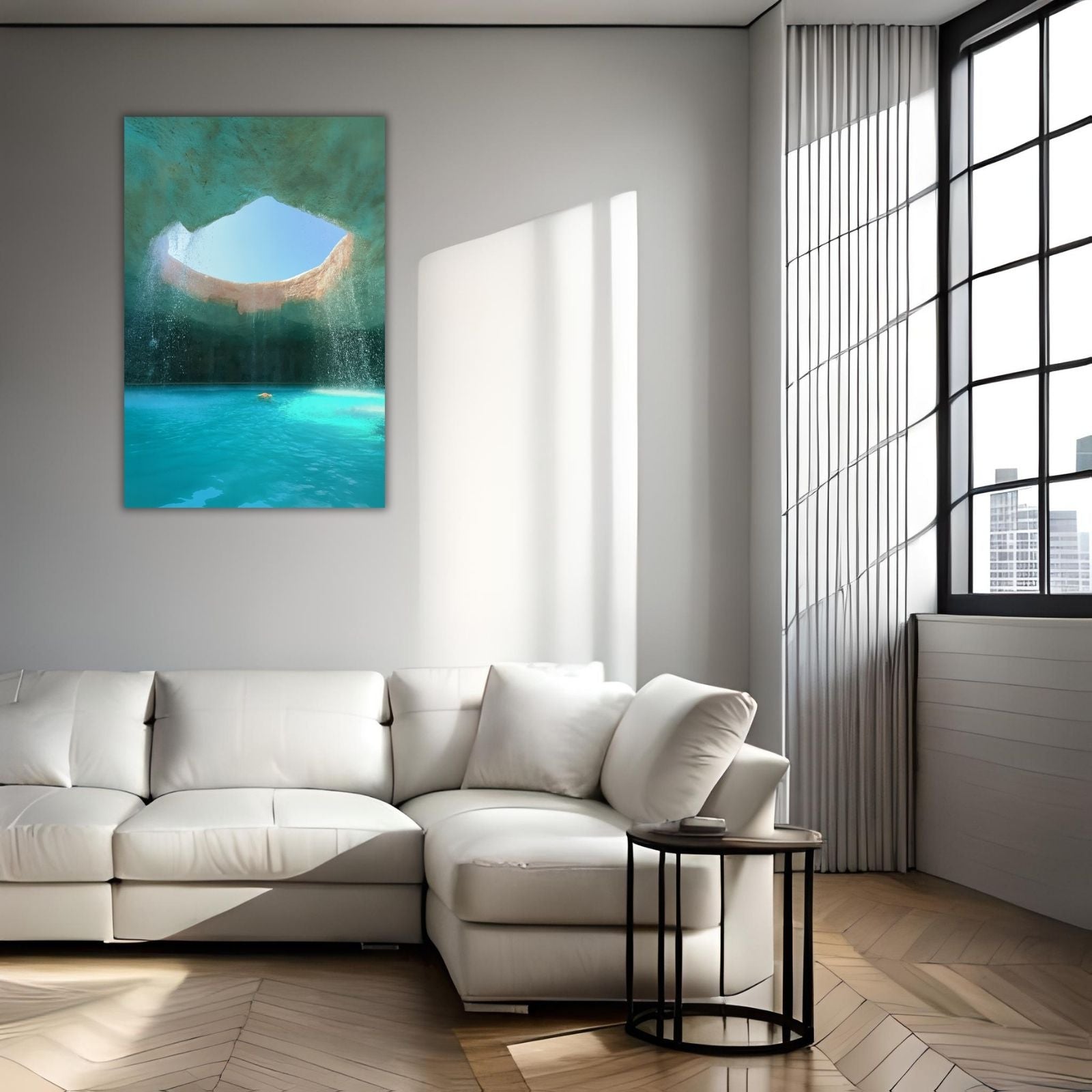 A surreal landscape painting of an underground cavern with a large circular opening in the ceiling, featuring cascading waterfalls and a bright turquoise pool.