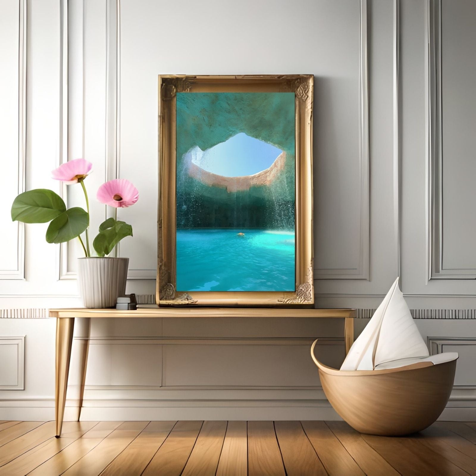 A surreal landscape painting of an underground cavern with a large circular opening in the ceiling, featuring cascading waterfalls and a bright turquoise pool.