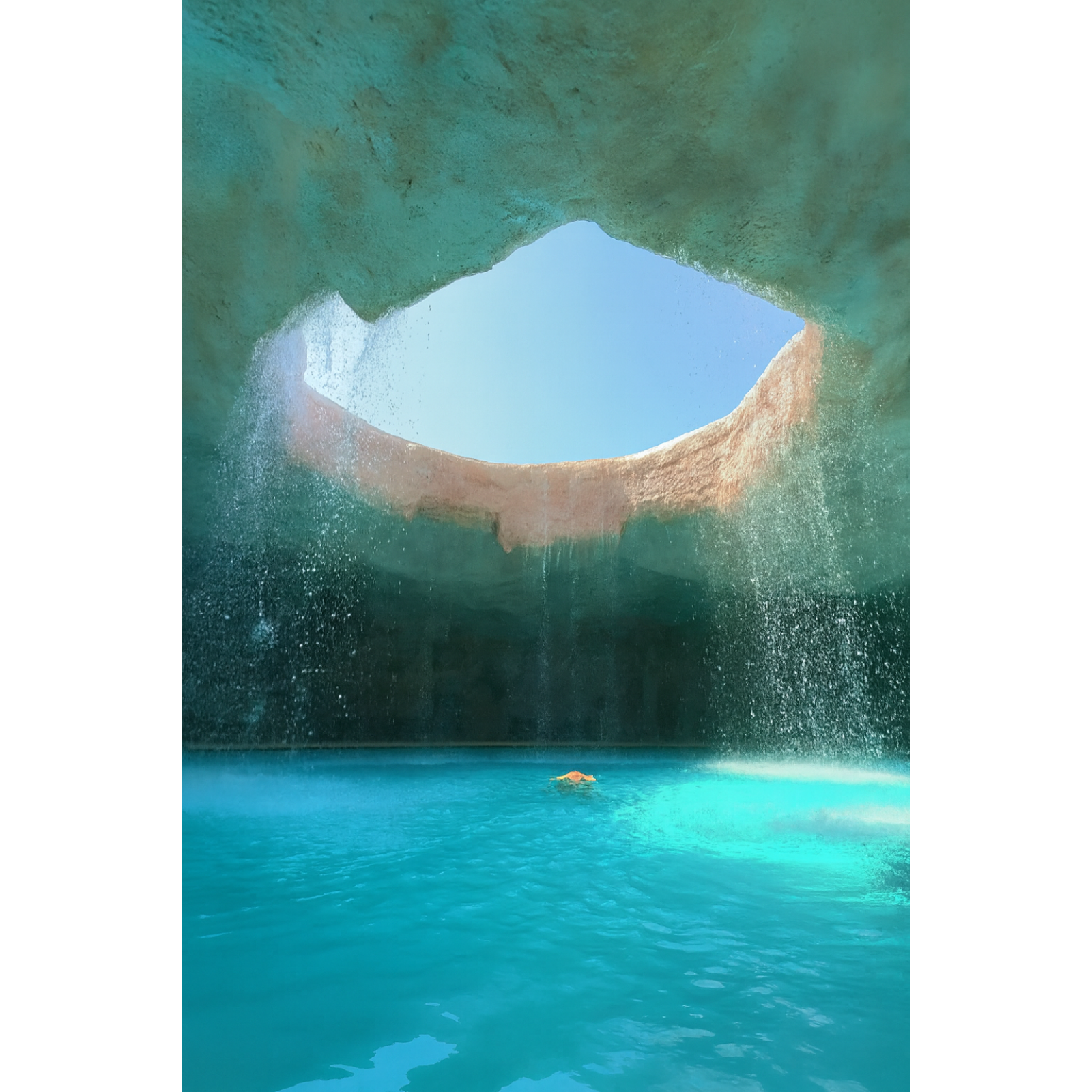 A surreal landscape painting of an underground cavern with a large circular opening in the ceiling, featuring cascading waterfalls and a bright turquoise pool.