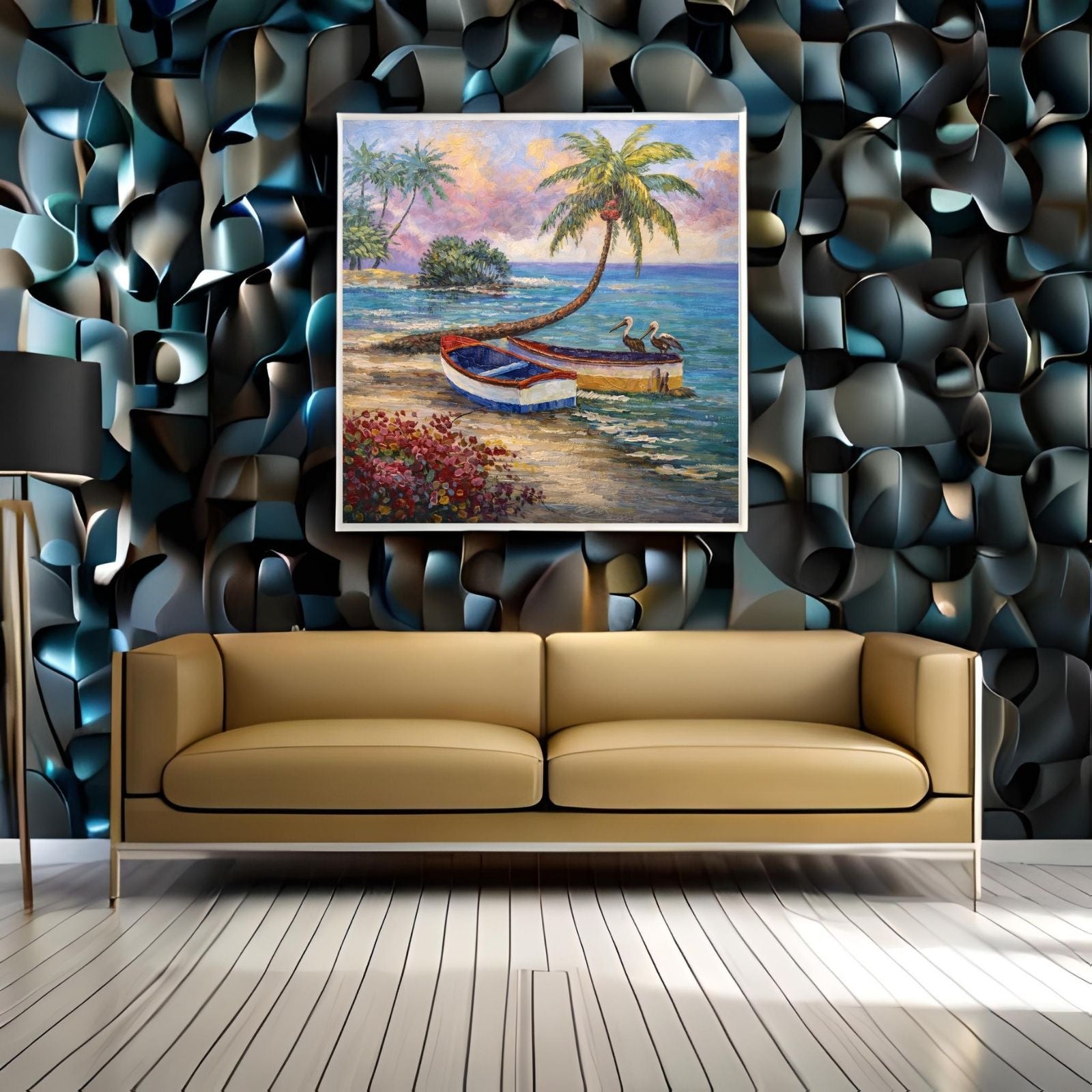 A vibrant impressionist oil painting of a tropical beach featuring two boats on the sand, a leaning palm tree with two pelicans, and colorful bushes.