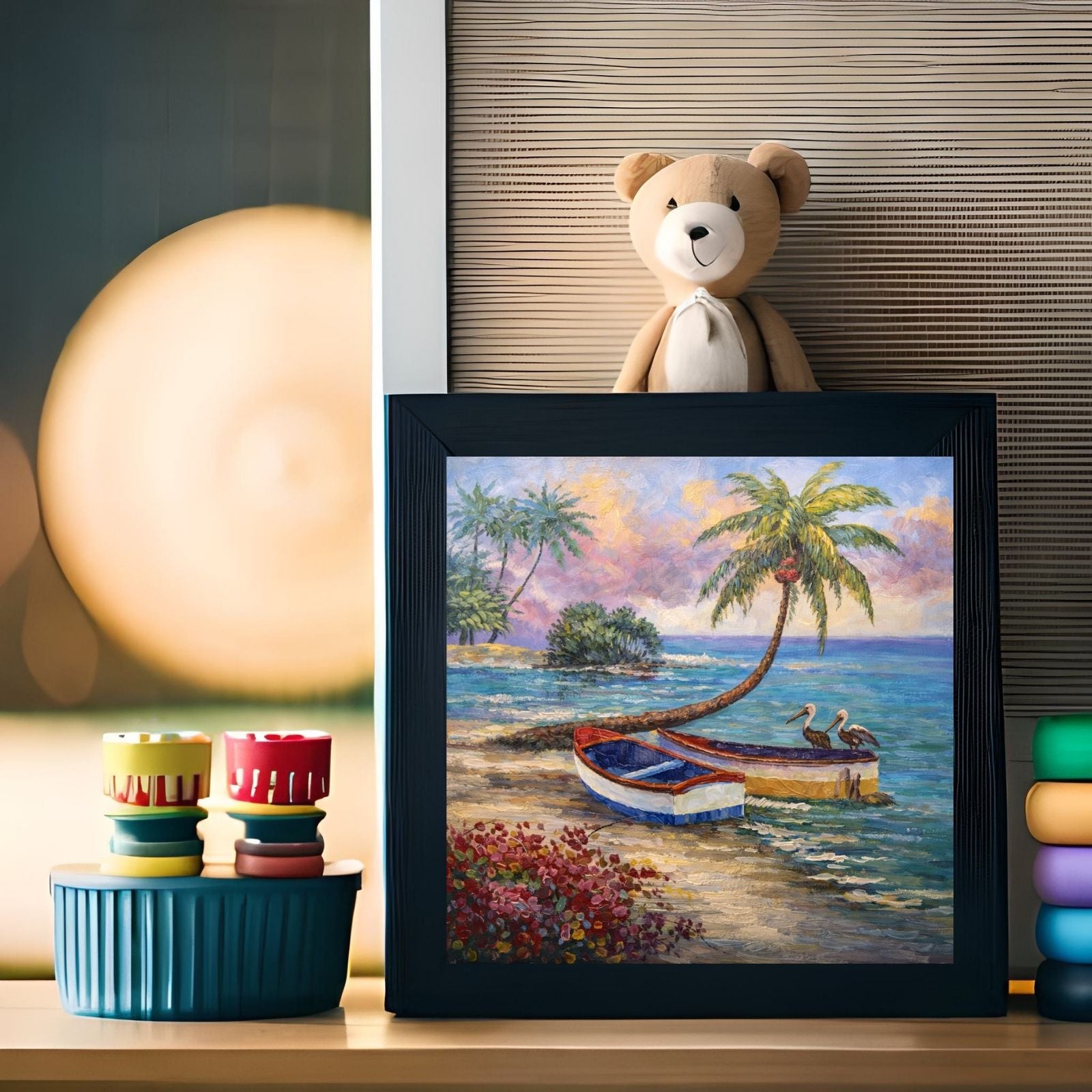 A vibrant impressionist oil painting of a tropical beach featuring two boats on the sand, a leaning palm tree with two pelicans, and colorful bushes.