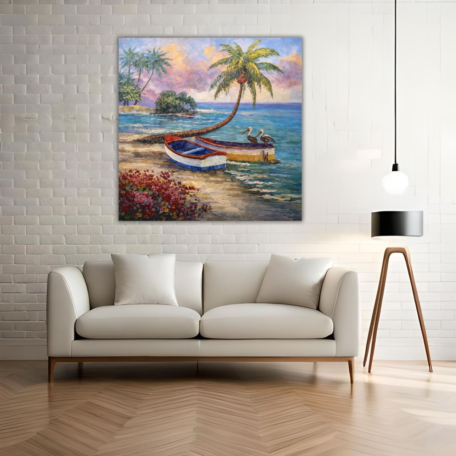 A vibrant impressionist oil painting of a tropical beach featuring two boats on the sand, a leaning palm tree with two pelicans, and colorful bushes.