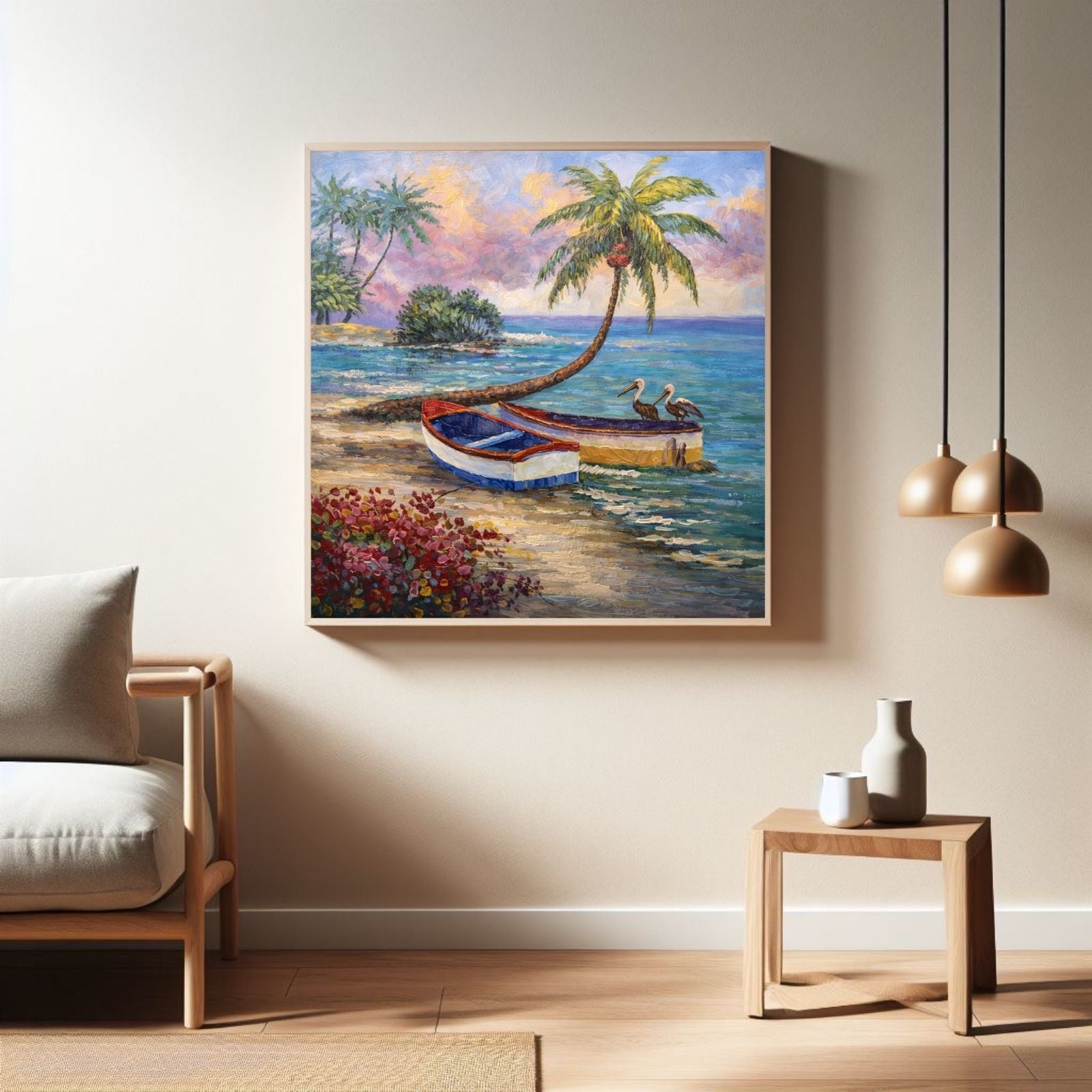A vibrant impressionist oil painting of a tropical beach featuring two boats on the sand, a leaning palm tree with two pelicans, and colorful bushes.