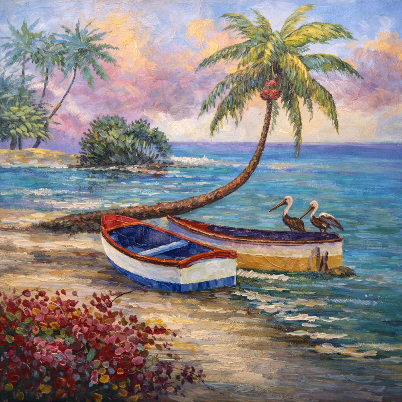 A vibrant impressionist oil painting of a tropical beach featuring two boats on the sand, a leaning palm tree with two pelicans, and colorful bushes.