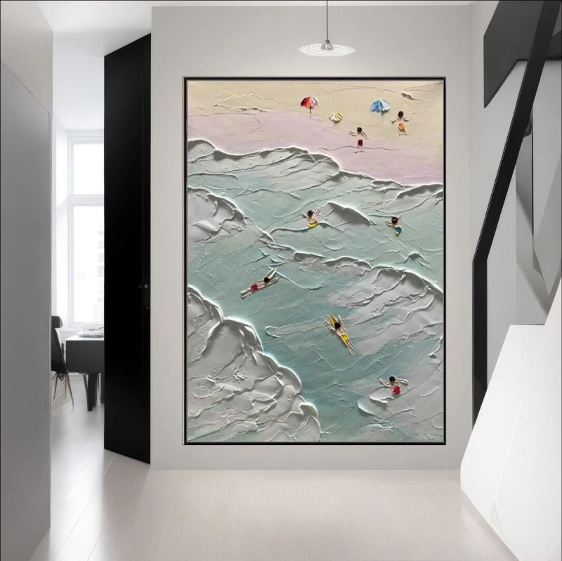 Textured aerial oil painting of swimmers in turquoise ocean waves and people on a sandy beach with colorful umbrellas, 3D impasto style.