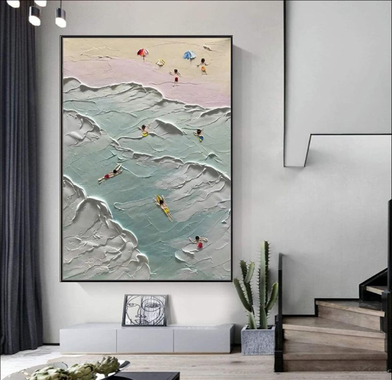 Textured aerial oil painting of swimmers in turquoise ocean waves and people on a sandy beach with colorful umbrellas, 3D impasto style.