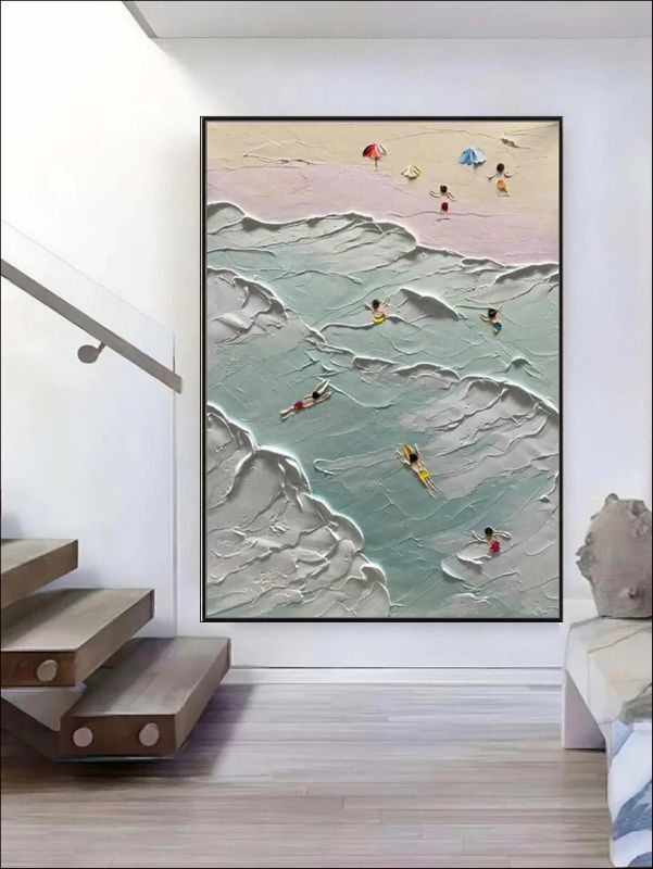 Textured aerial oil painting of swimmers in turquoise ocean waves and people on a sandy beach with colorful umbrellas, 3D impasto style.