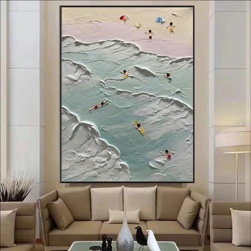 Textured aerial oil painting of swimmers in turquoise ocean waves and people on a sandy beach with colorful umbrellas, 3D impasto style.