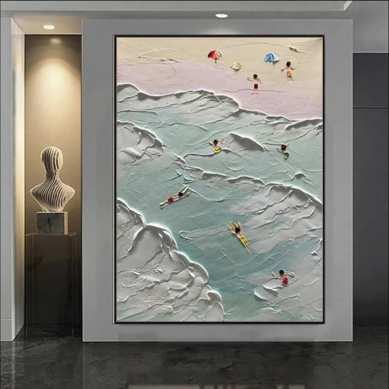 Textured aerial oil painting of swimmers in turquoise ocean waves and people on a sandy beach with colorful umbrellas, 3D impasto style.