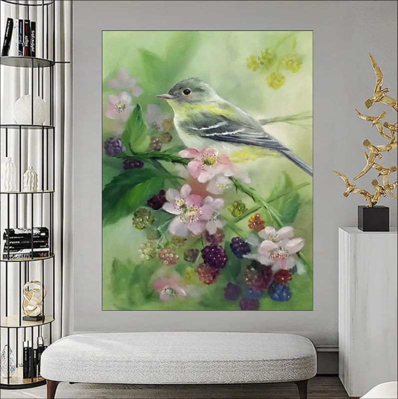 Realistic oil painting of a small grey and yellow songbird perched on a branch with pink blossoms and ripening blackberries against a soft green background.