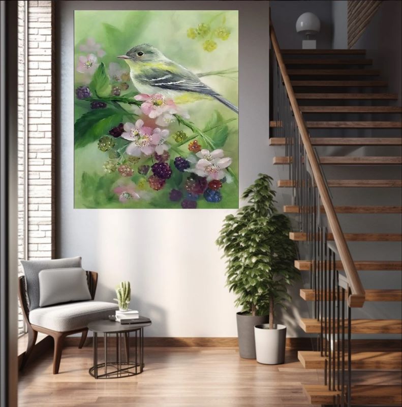 Living room with a painting of a bird and flowers on the wall, a staircase, and a plant.
