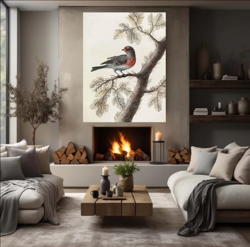 Vintage style painting of a red-breasted bird perched on a pine branch with needles against a neutral beige background, rustic wildlife wall art.