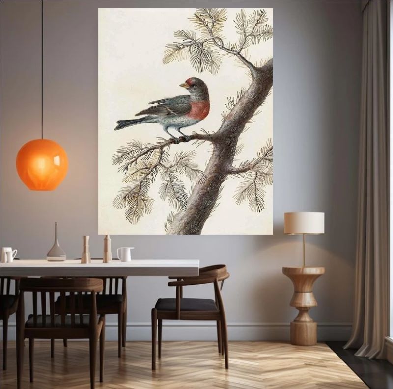 Vintage style painting of a red-breasted bird perched on a pine branch with needles against a neutral beige background, rustic wildlife wall art.