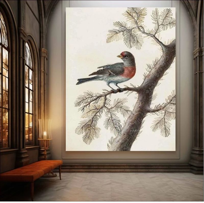 Vintage style painting of a red-breasted bird perched on a pine branch with needles against a neutral beige background, rustic wildlife wall art.