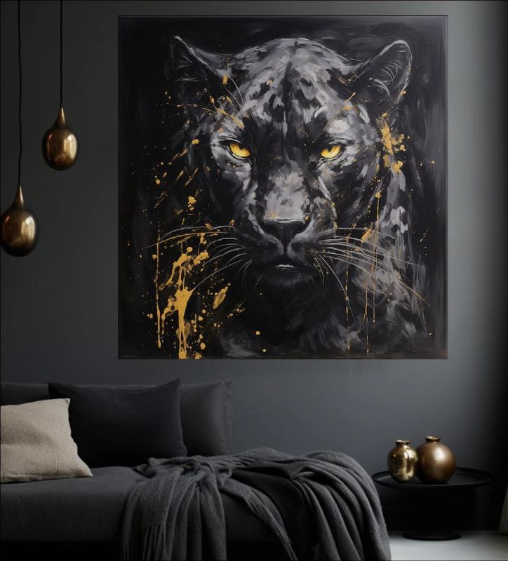 Modern oil painting of a black panther face with piercing yellow eyes and artistic gold paint splatters against a dark black background, wildlife wall art.