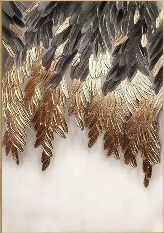 Abstract painting of cascading feathers transitioning from deep black to shimmering metallic gold against a light background, luxury modern wall art style.