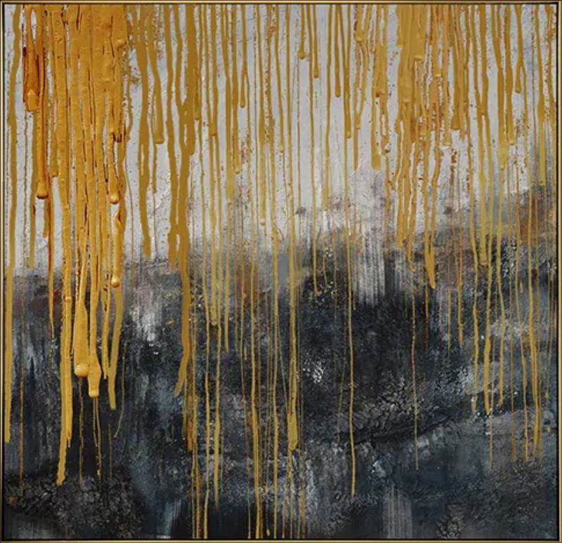 Abstract painting featuring thick molten gold drips cascading over a textured charcoal and black background, modern luxury wall art style.