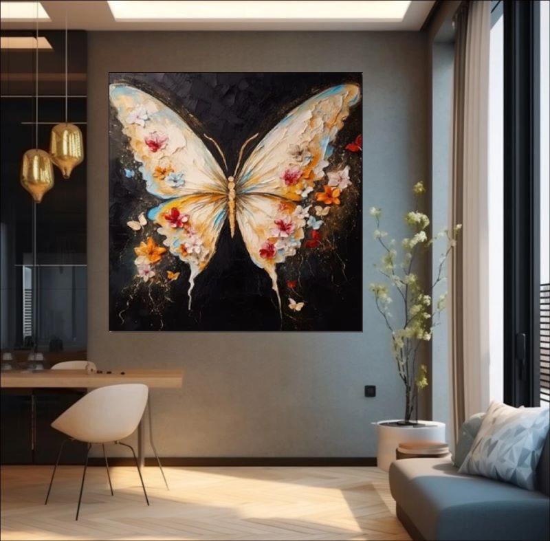 Textured oil painting of a large butterfly with wings composed of cream, pink, and yellow flowers against a dark black background, whimsical wall art.