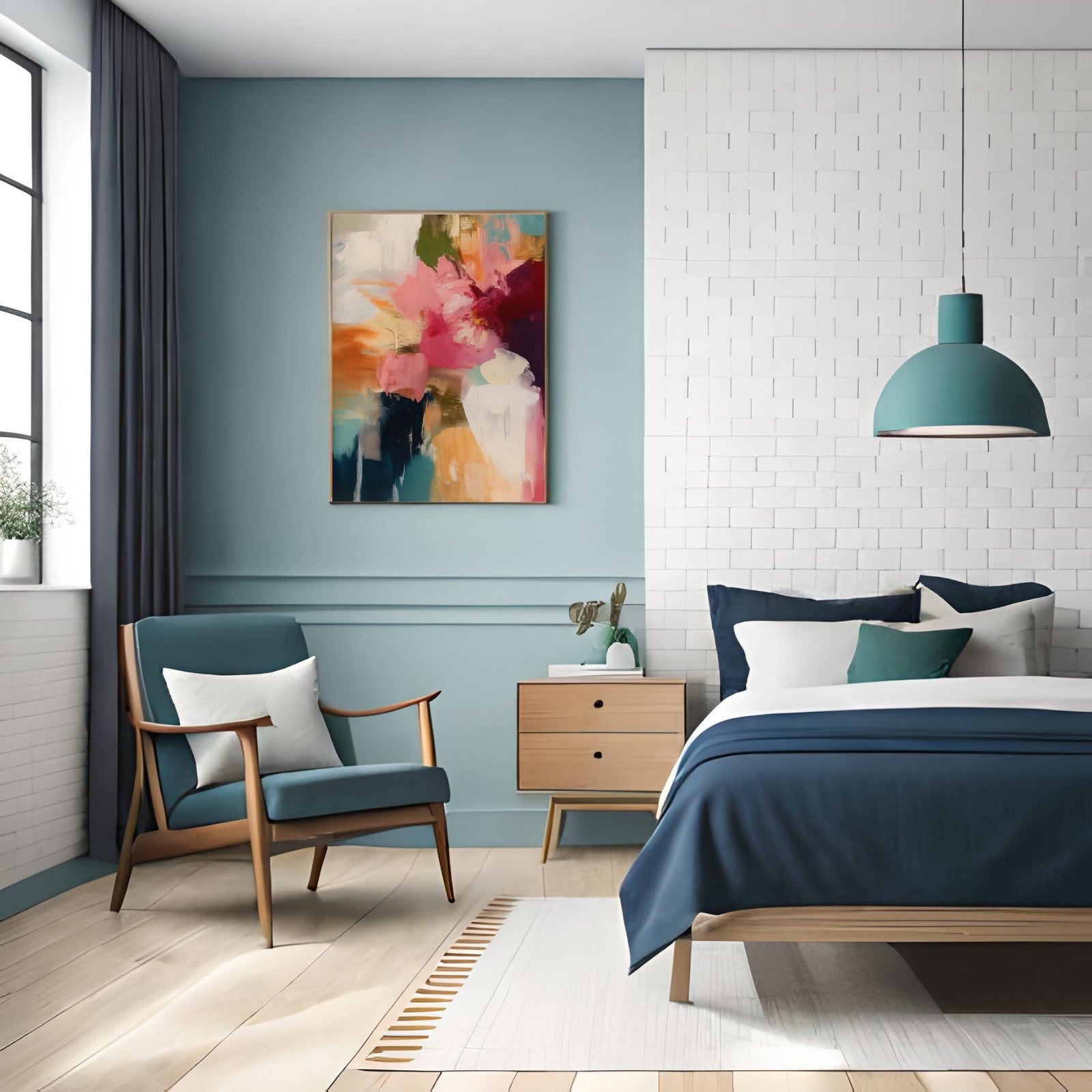 Modern abstract painting featuring expressive strokes of magenta, teal, and peach, suggesting a deconstructed floral form on a textured canvas.