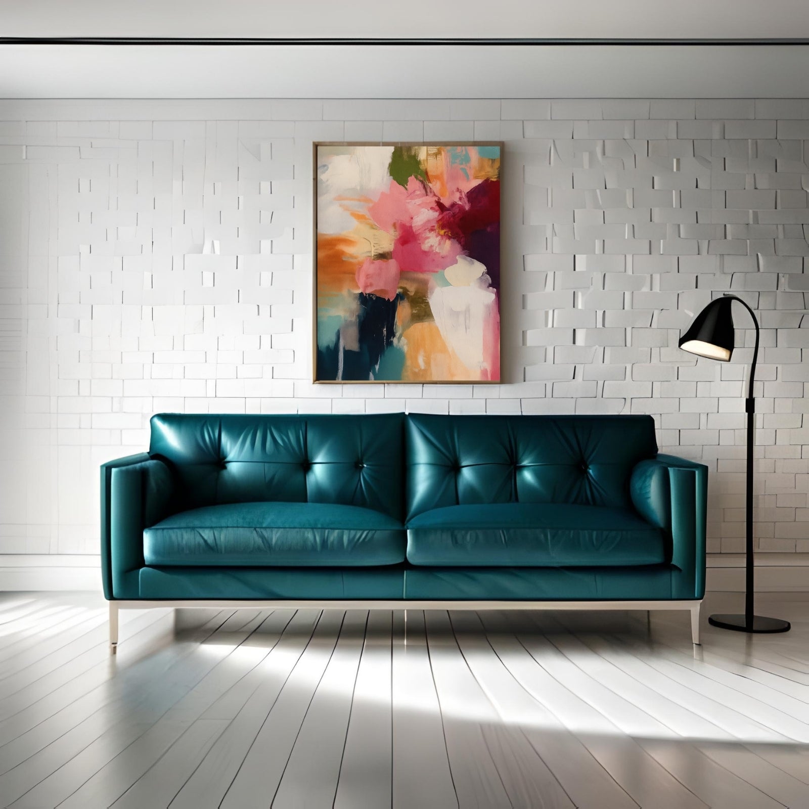 Modern abstract painting featuring expressive strokes of magenta, teal, and peach, suggesting a deconstructed floral form on a textured canvas.