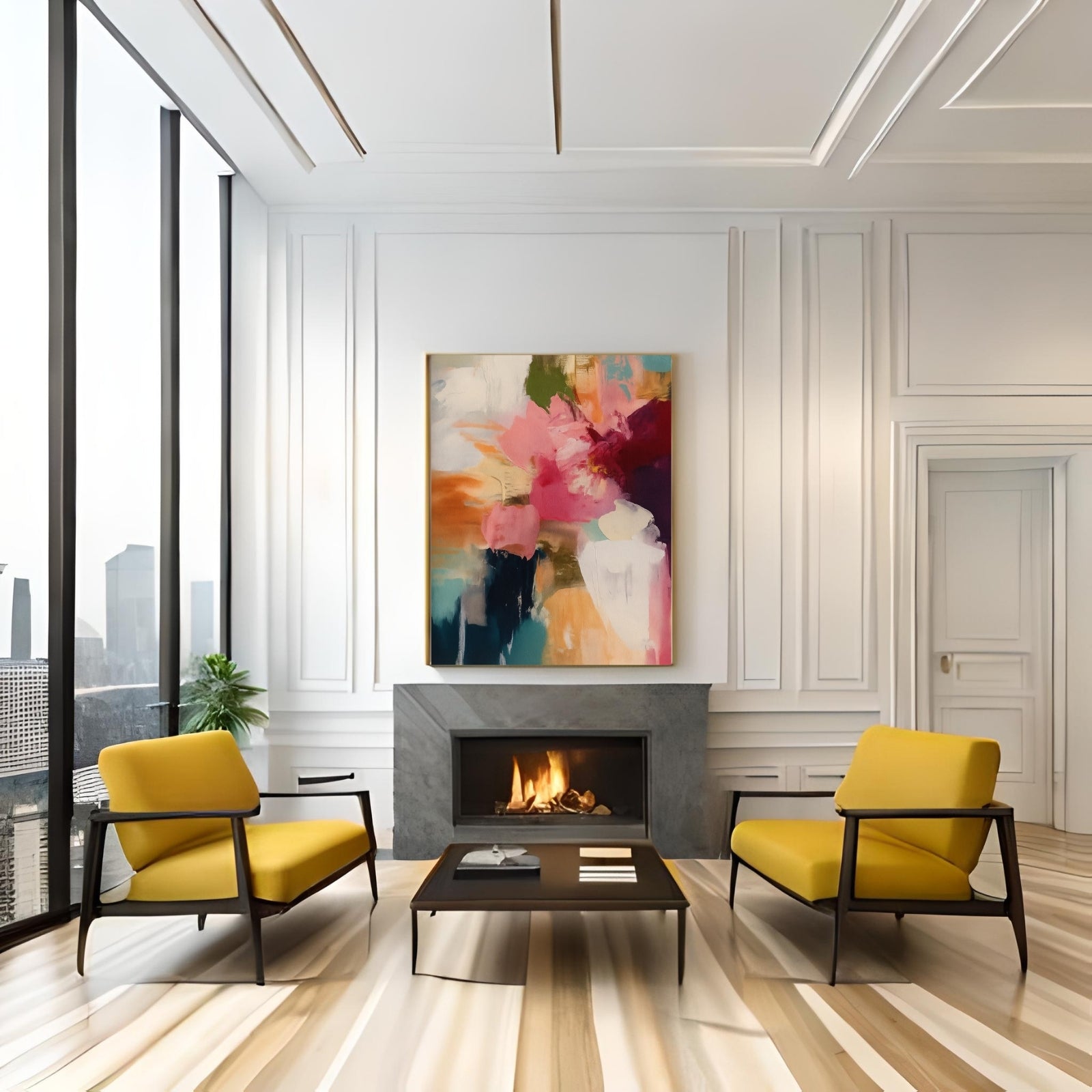 Modern abstract painting featuring expressive strokes of magenta, teal, and peach, suggesting a deconstructed floral form on a textured canvas.