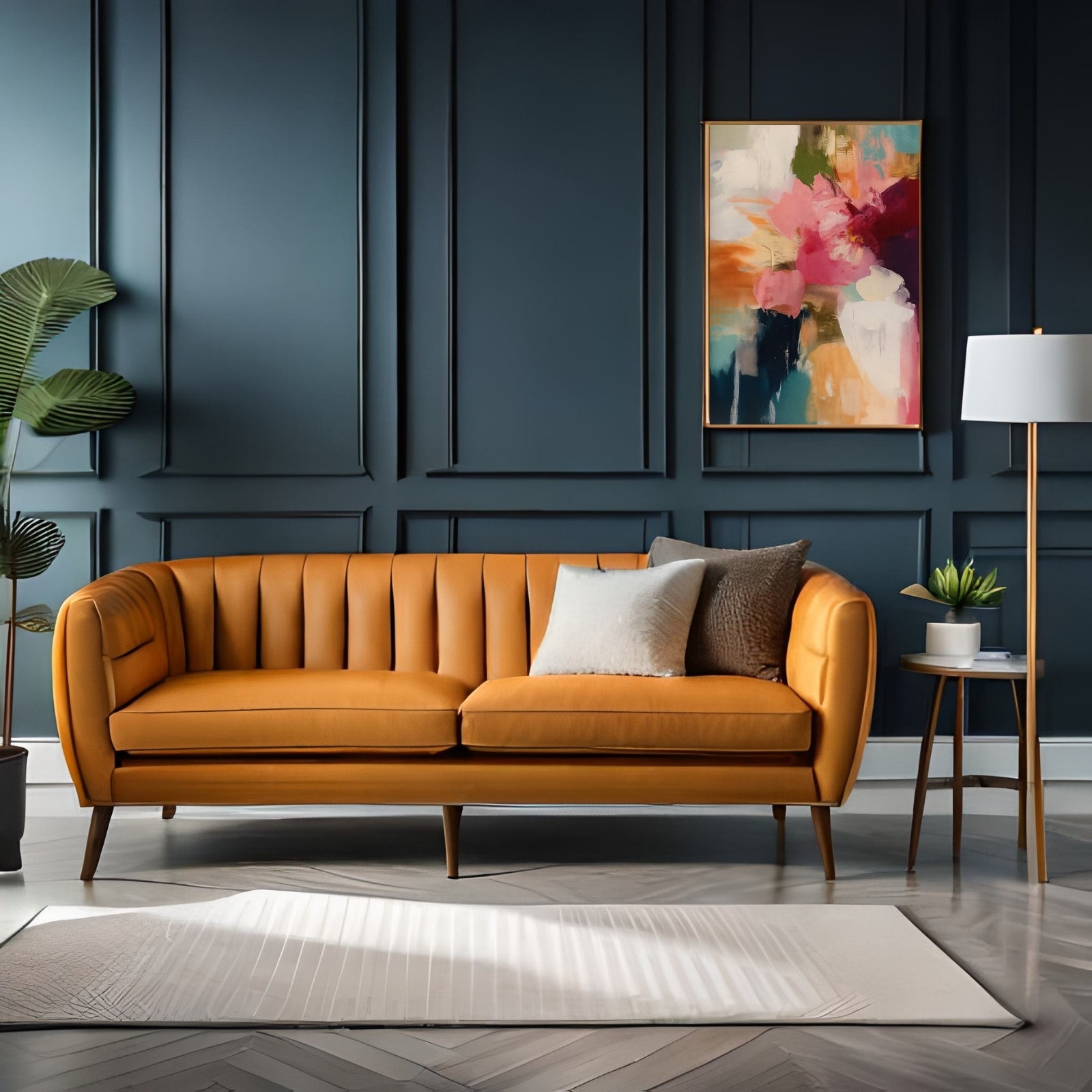 Modern abstract painting featuring expressive strokes of magenta, teal, and peach, suggesting a deconstructed floral form on a textured canvas.