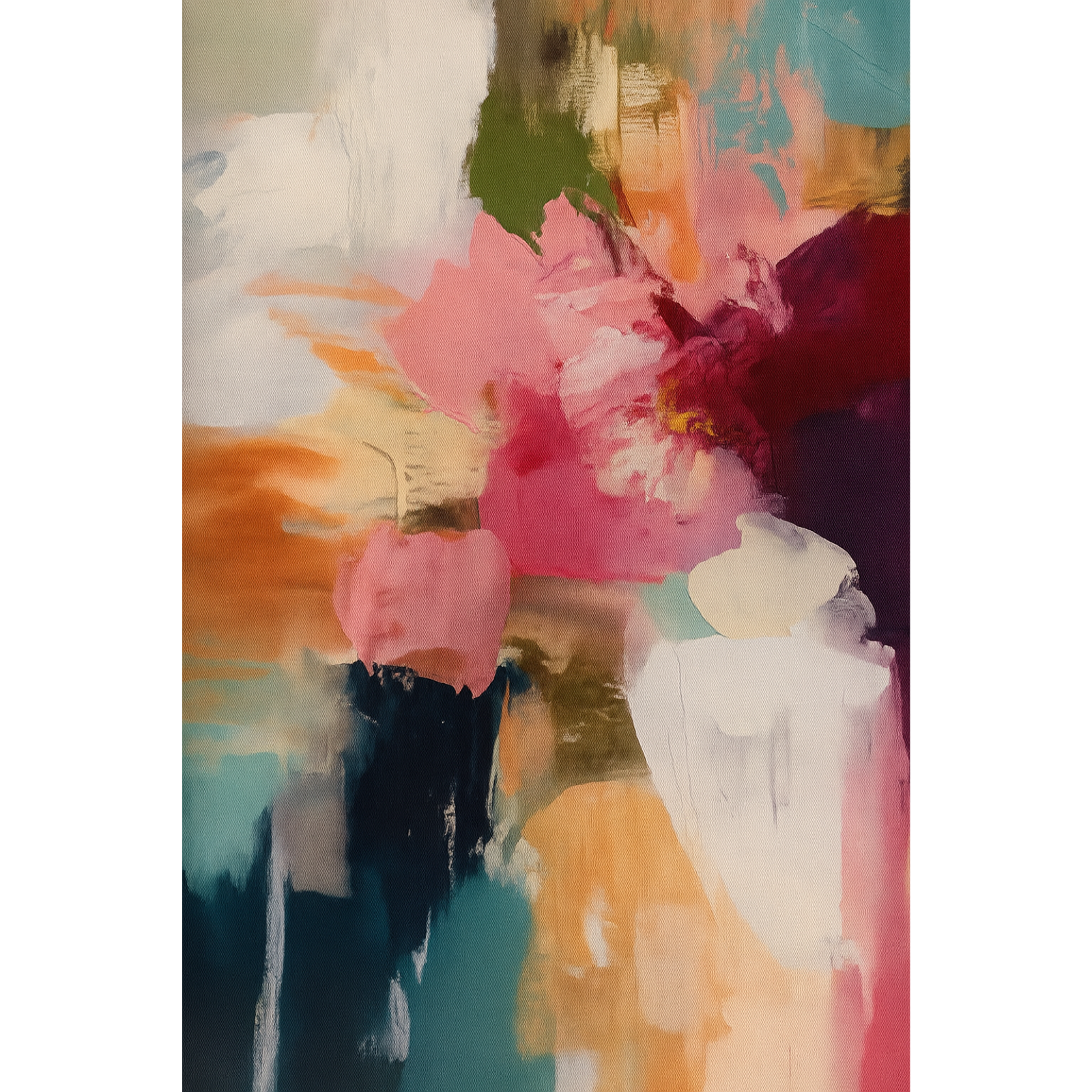 Modern abstract painting featuring expressive strokes of magenta, teal, and peach, suggesting a deconstructed floral form on a textured canvas.