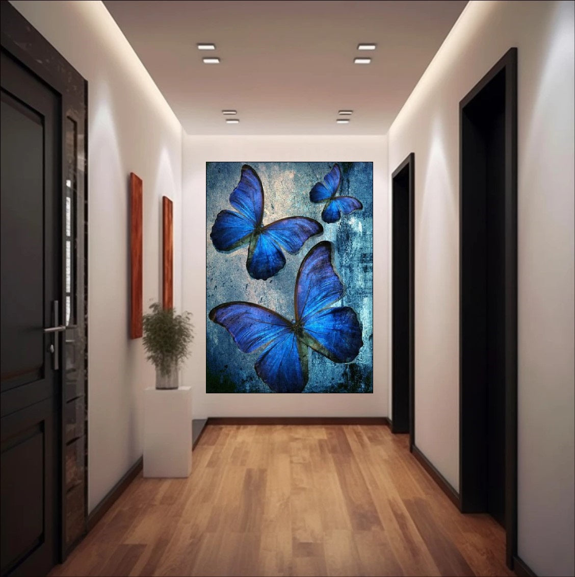 Textured painting of three vibrant Blue Morpho butterflies flying against a grunge blue and grey background, calming nature wall art.
