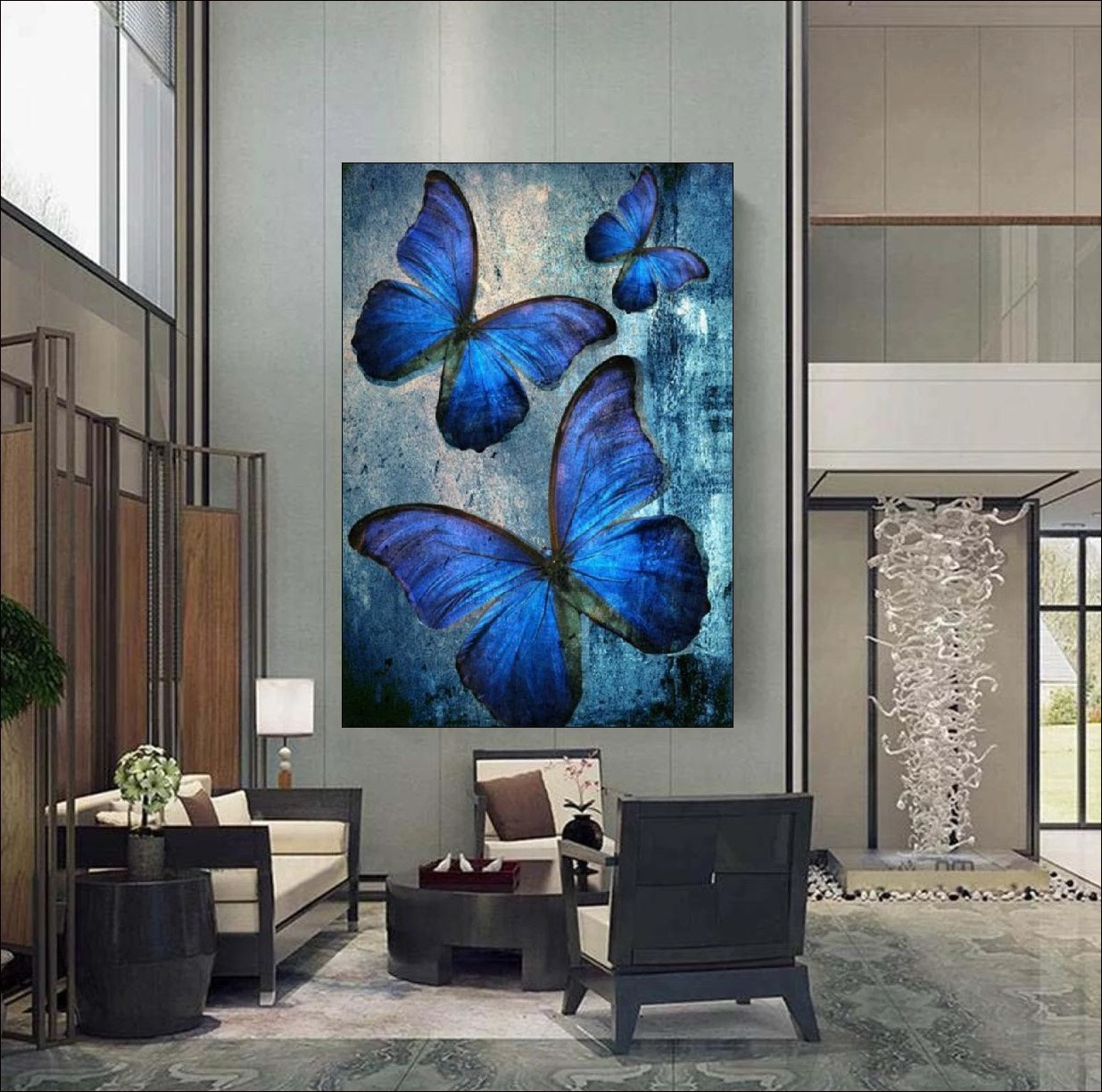 Textured painting of three vibrant Blue Morpho butterflies flying against a grunge blue and grey background, calming nature wall art.