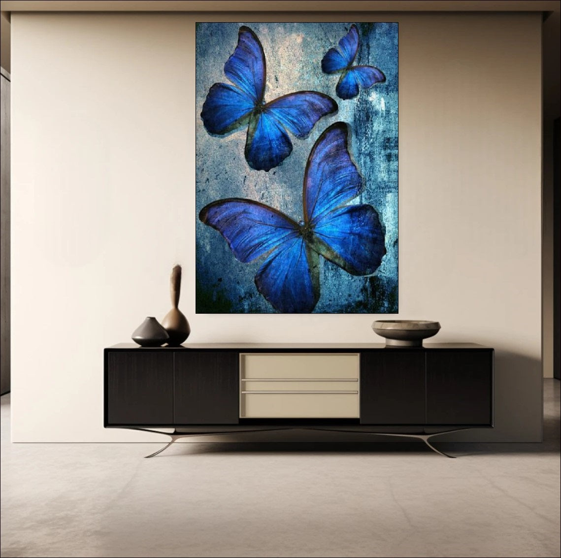 Textured painting of three vibrant Blue Morpho butterflies flying against a grunge blue and grey background, calming nature wall art.