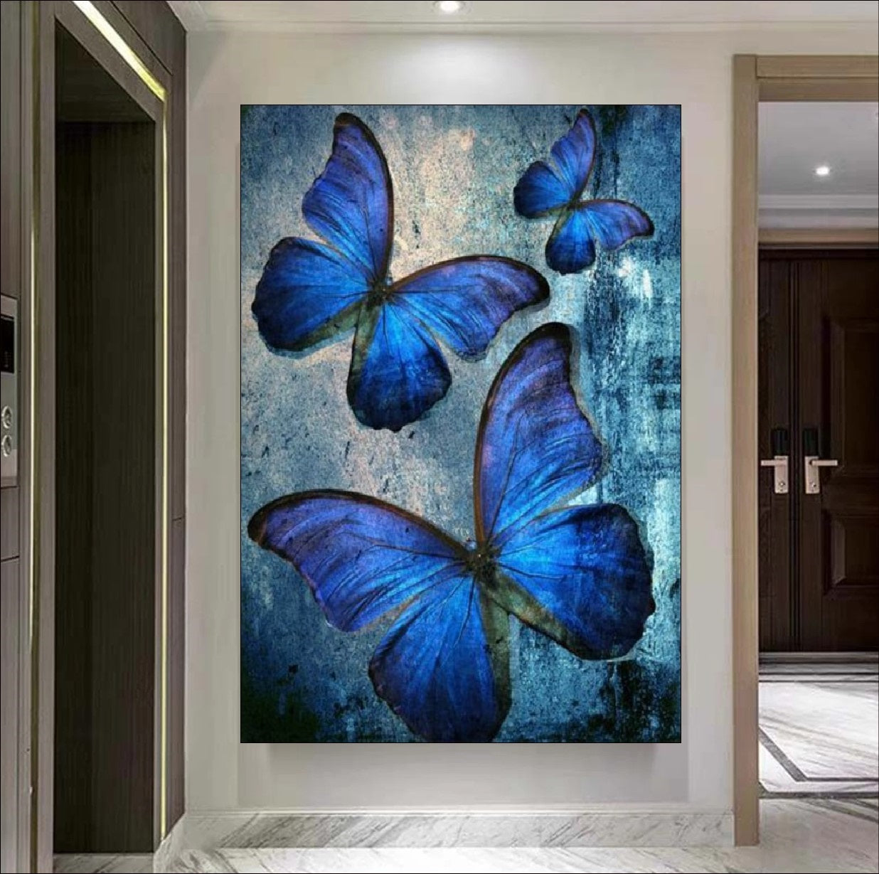 Textured painting of three vibrant Blue Morpho butterflies flying against a grunge blue and grey background, calming nature wall art.