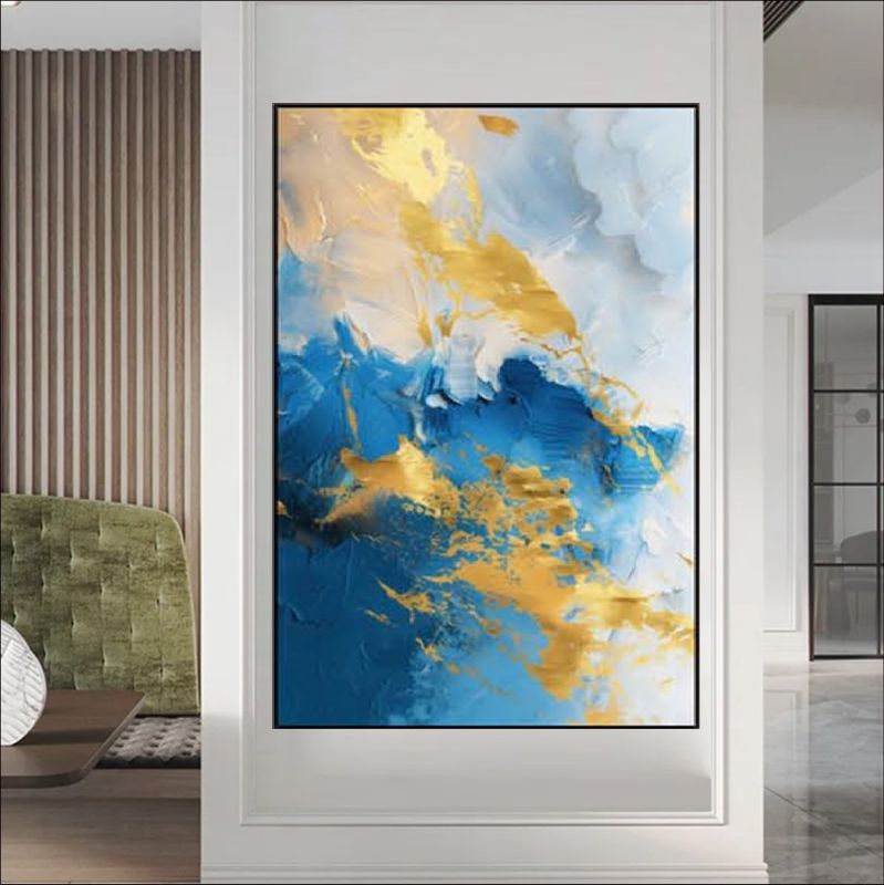 Blue and gold abstract painting with textured layers and flowing forms, ideal for contemporary and modern wall art decor.