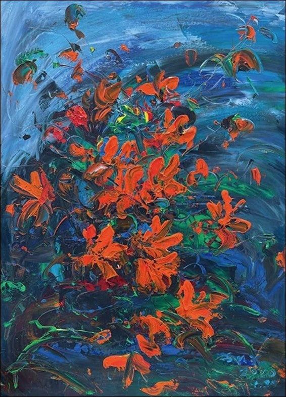 Handmade painting of red flowers on a blue background with textured brushstrokes, perfect for nature-inspired decor.