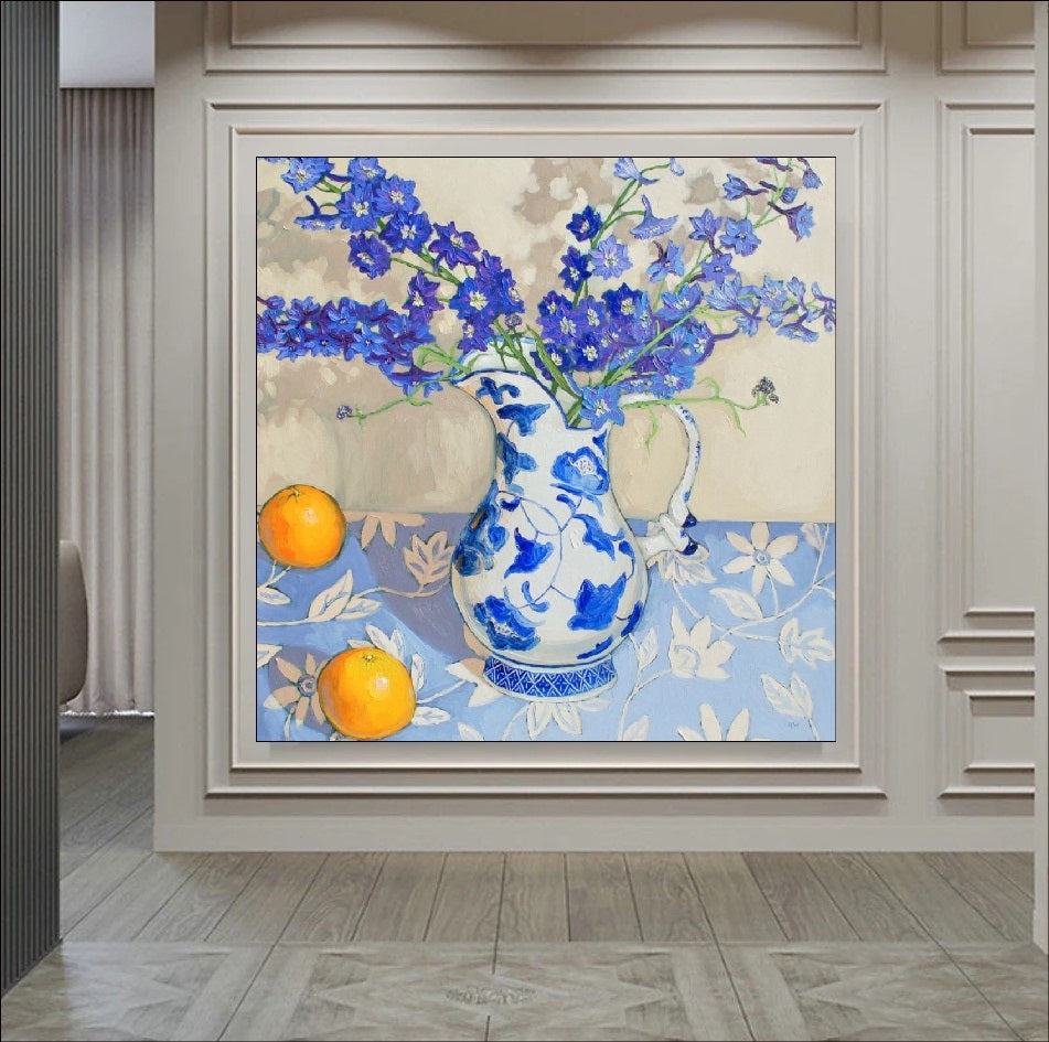 blue flower vase and orange