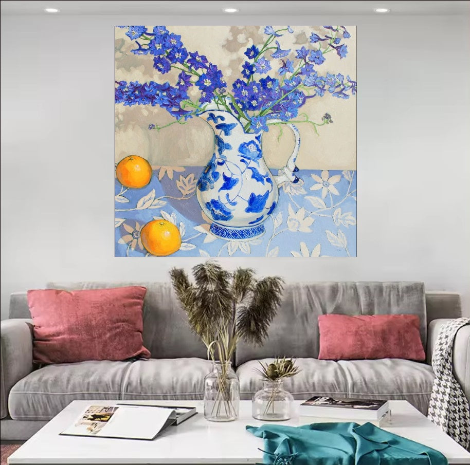 blue flower vase and orange