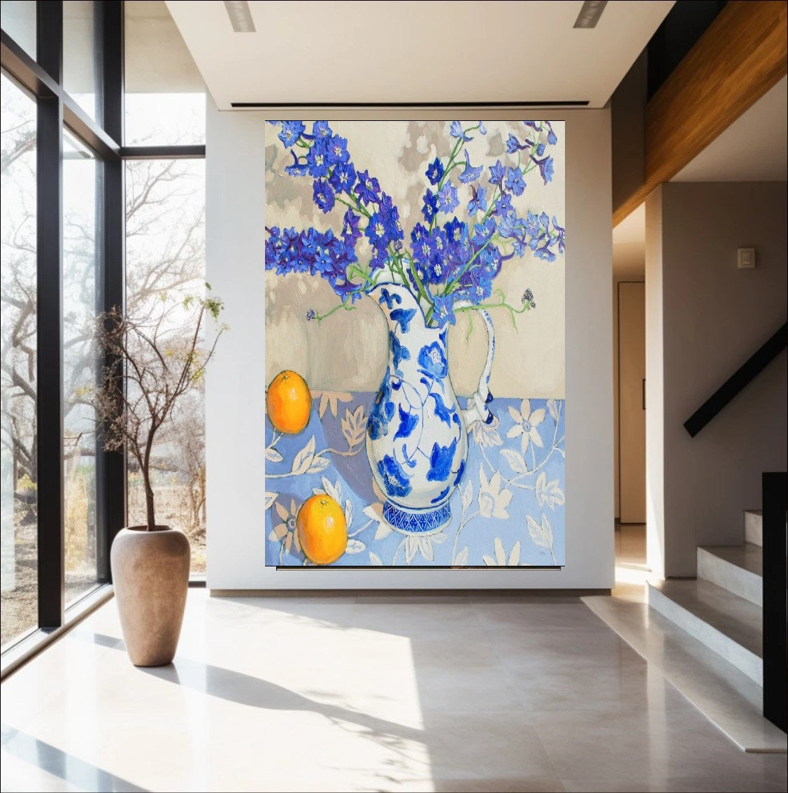 Porcelain Grace: A Still Life with Blue Delphiniums and Citrus