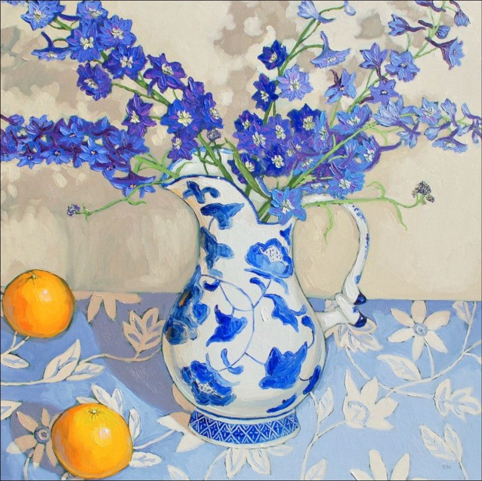 Porcelain Grace: A Still Life with Blue Delphiniums and Citrus